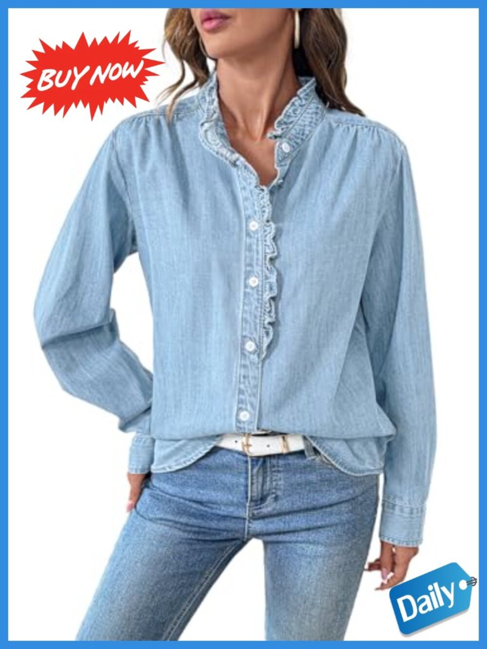 Ruffled Button Down Denim Shirt Long Sleeve Chambray Top